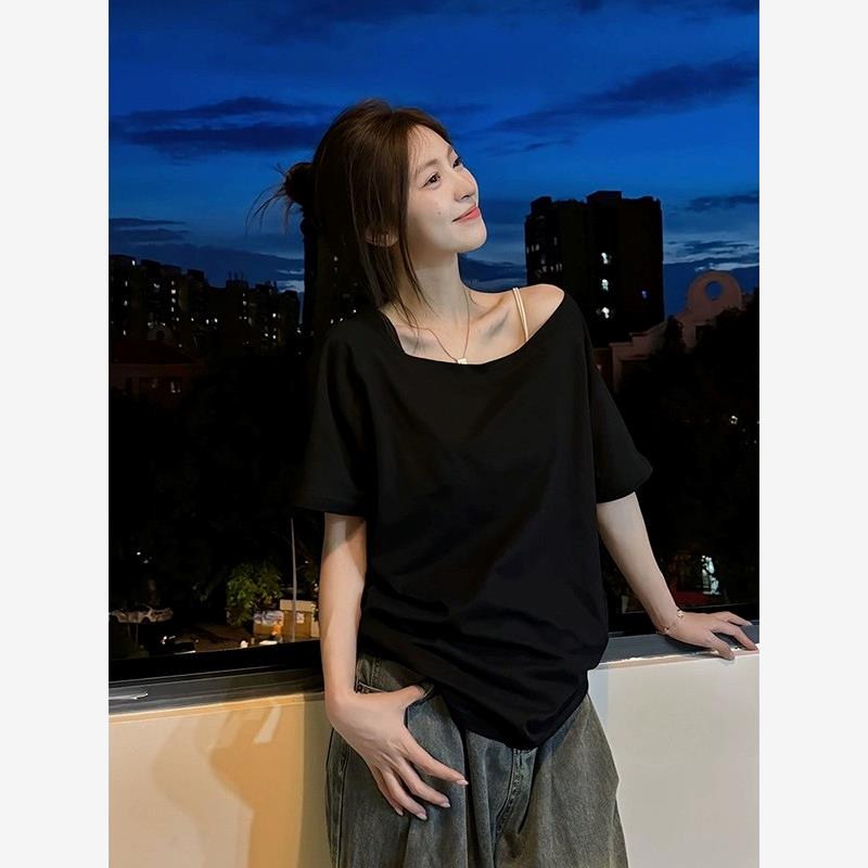 张燕宜同款单肩黑色无肩t恤短袖女式夏日纯欲望性感斜肩修身造型