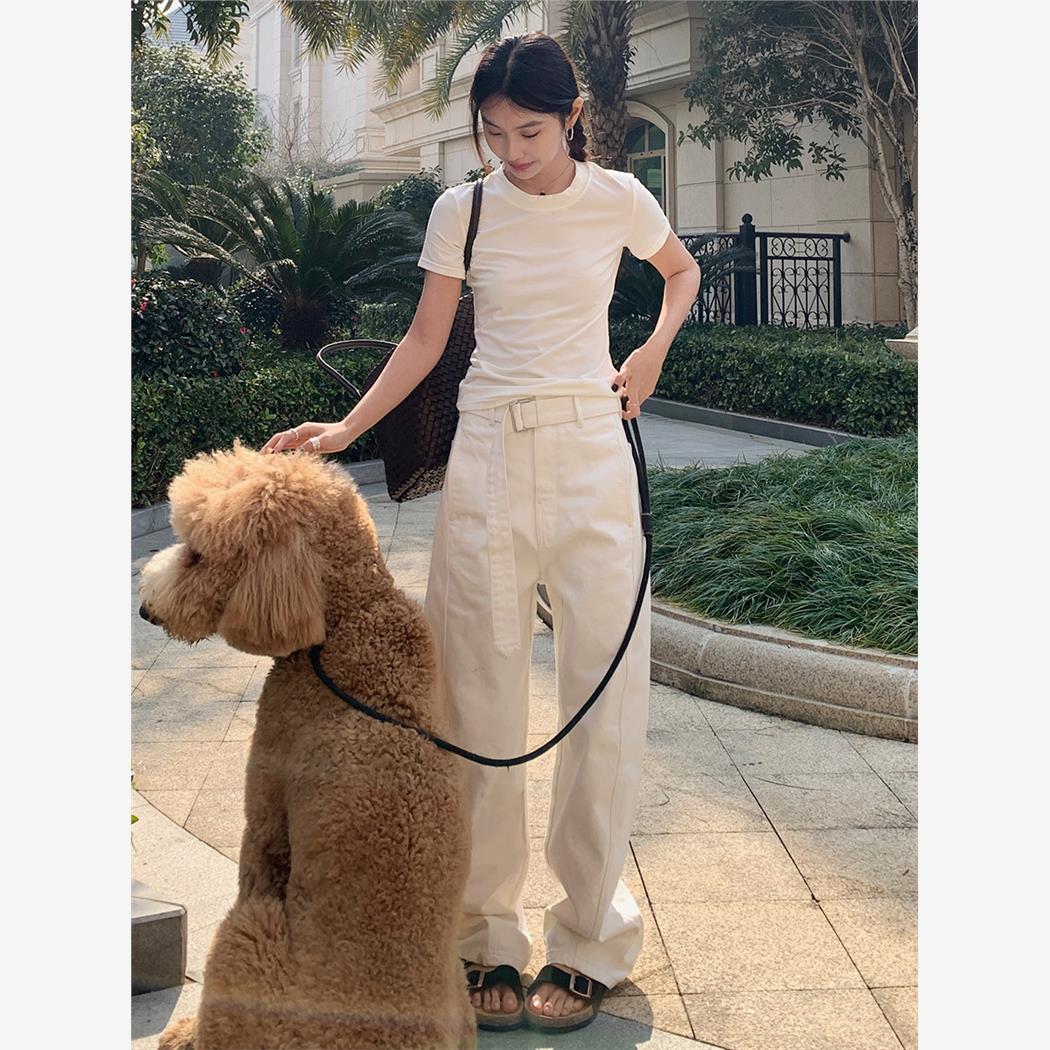 楠涛镰刀牛仔裤女2025春季新款腰带高级感宽松高腰显瘦阔腿裤百搭