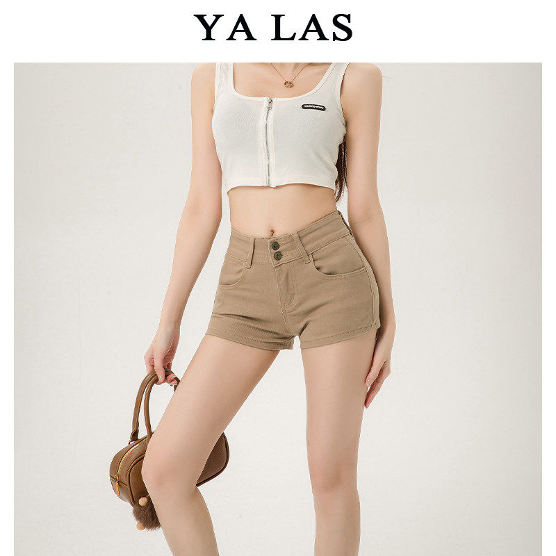 美式卡其色牛仔短裤女2025春夏新款高腰修身显瘦双扣弹力包臀热裤