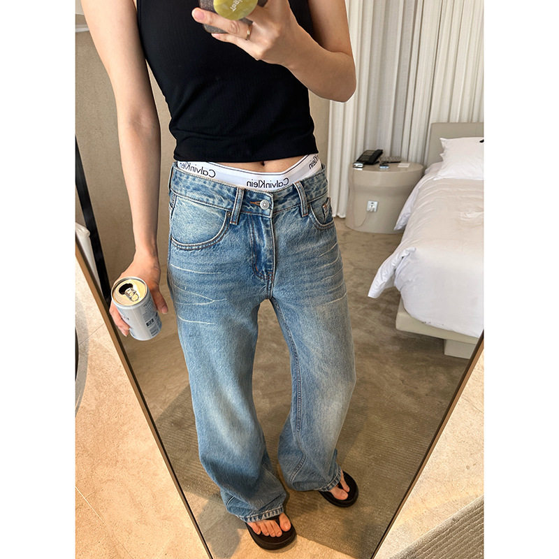 百视旺 水洗磨白中低腰牛仔裤女2025新款夏季百搭显瘦直筒裤子