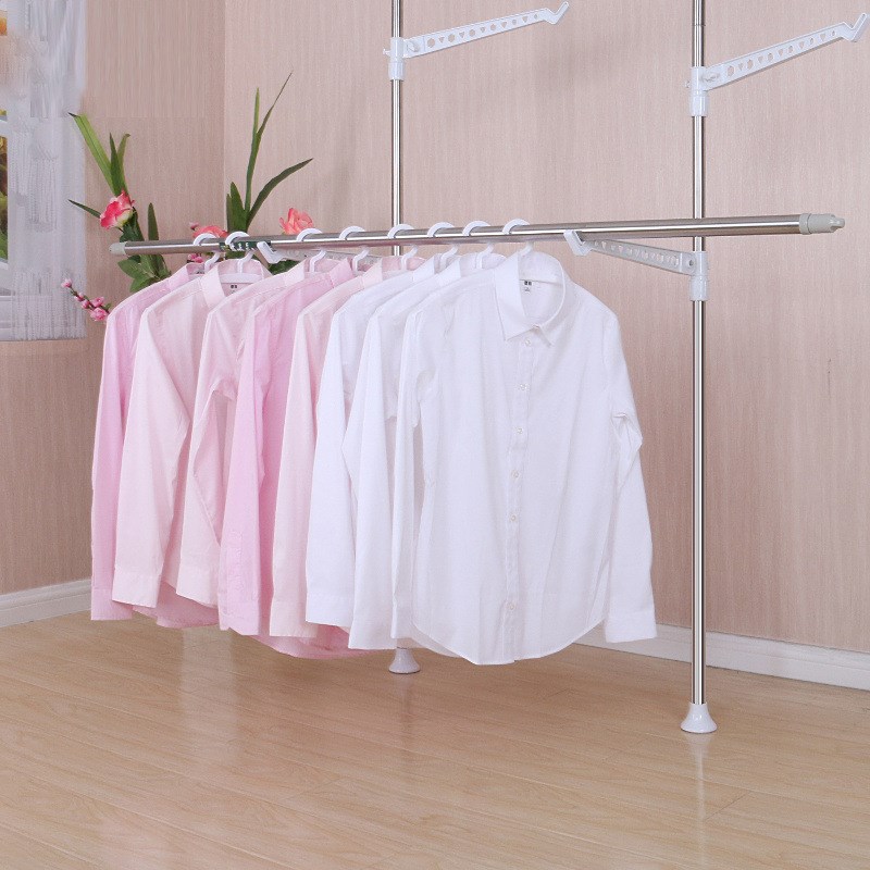 不锈钢加厚伸缩晾衣杆阳台顶装挂衣晾晒单杆免打孔简易室外凉衣杆