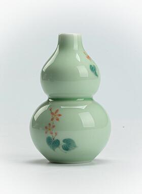 豆青葫芦小花插陶瓷手绘花瓶茶室茶桌装饰品摆件花器客厅插花中式