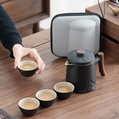 路宝黑陶陶瓷快客杯沧海旅行茶具套装便携式一壶四杯商务开业礼品