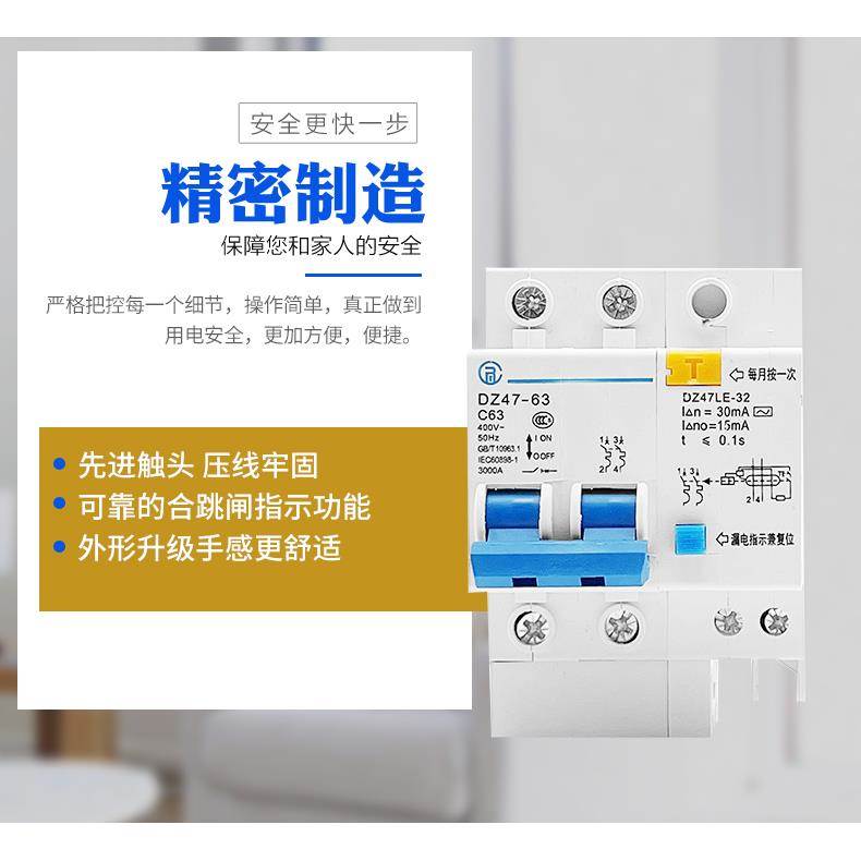正品 电力漏电开关2P63A DZ47LE 双极空气开关带漏电保护器C45