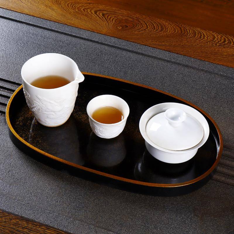 漆器茶盘椭圆形餐盘茶道家用茶具大漆托 托盘木盘木质壶承杯托 托