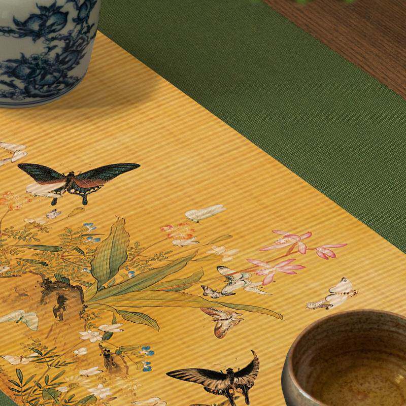 新中国风百蝶图片手工竹丝精编中国风禅宗防水茶席便携式茶席桌旗