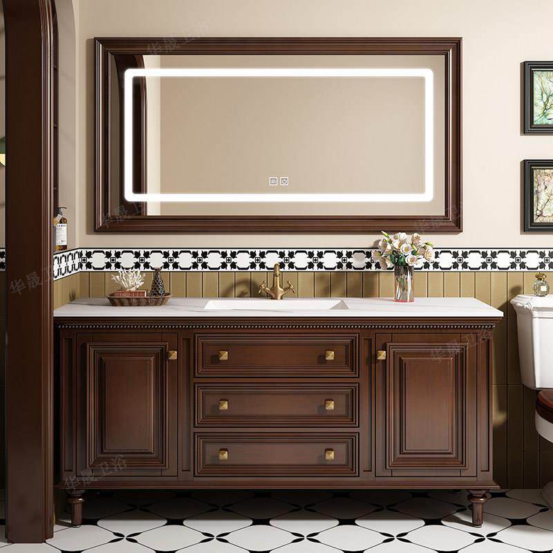 美式橡木浴室柜组合陶瓷一体盆智能卫浴柜落地式洗漱台洗脸洗手盆