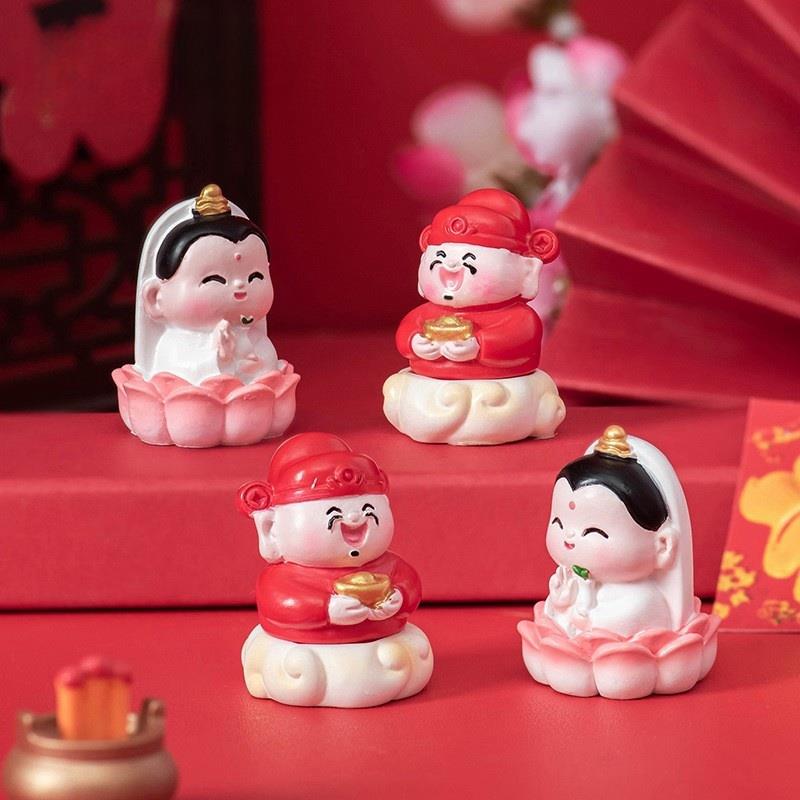新年拜观音小财神树脂工艺品盲盒配件微景观桌面汽车载招财小摆件
