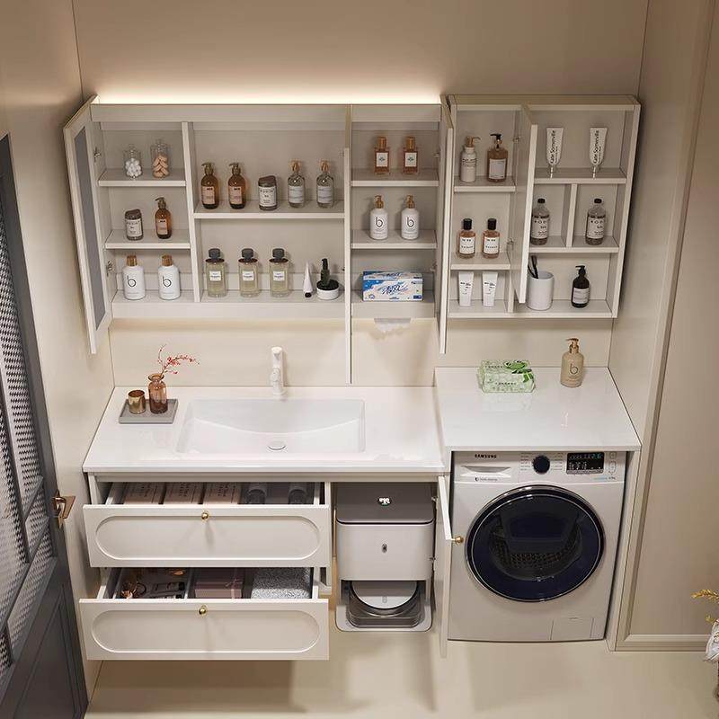 法式岩板无缝陶瓷盆浴室柜组合洗衣机一体烤漆柜卫生间洗漱台盆柜