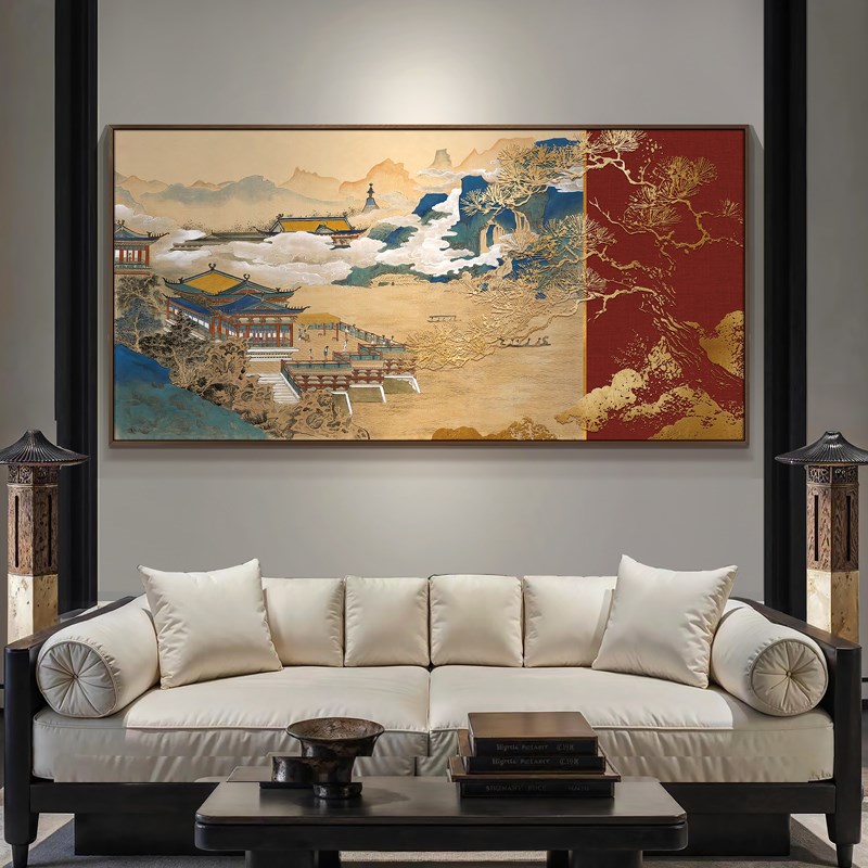 新中式客厅沙发背景墙装饰画高级感酒店餐厅山水风景浮雕大幅挂画图片