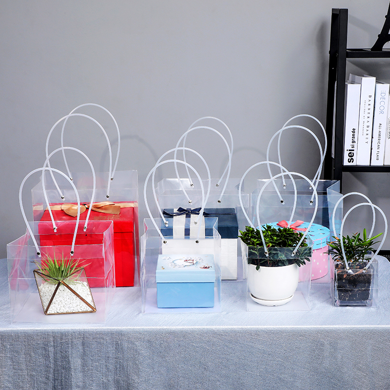 透明PP鲜花手提袋礼品包装袋塑料多肉盆栽玫瑰花袋长柄提袋梯形