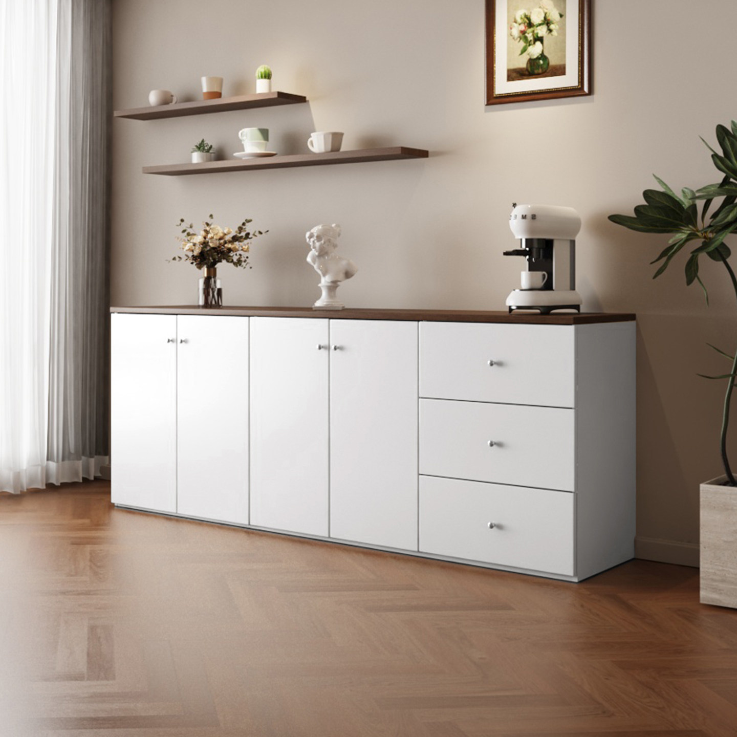 轻法式实木餐边柜靠墙一体储物柜落地收纳柜白色斗柜咖啡茶水柜,住宅家具,餐边柜,淘宝优惠券,粉丝福利购,淘宝优惠卷