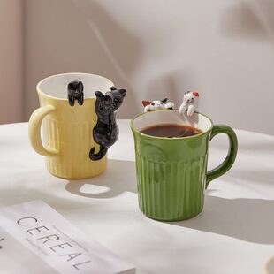 可爱手绘浮雕陶瓷小猫咪马克杯咖啡杯水杯早餐牛奶杯高颜值情侣杯