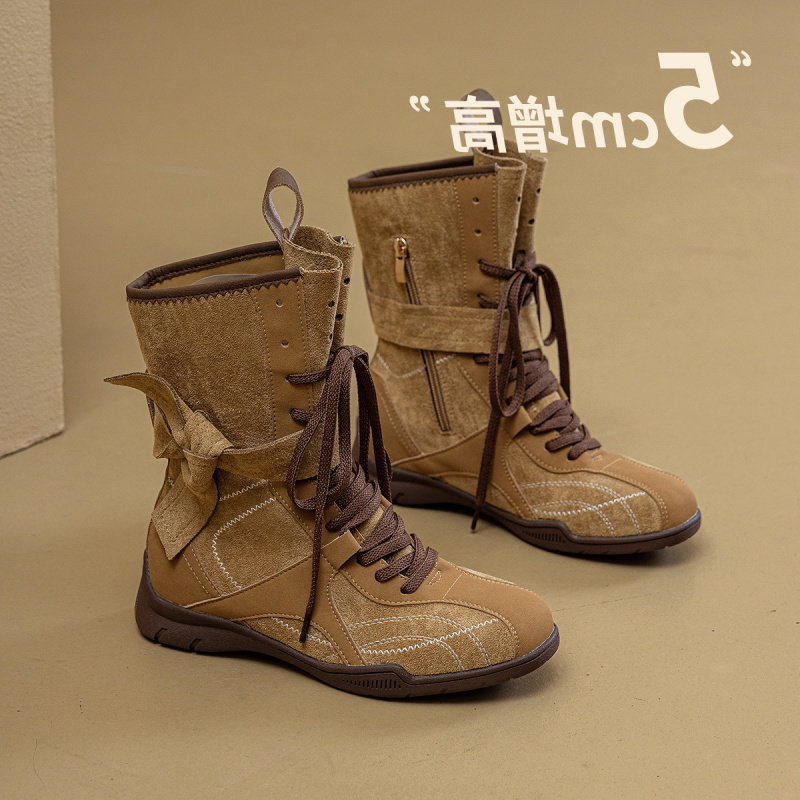 复古拳击靴女春秋季户外时装靴马丁靴小个子内增高中筒德训靴