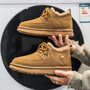 复古磨砂皮雪地靴严寒增高加绒男士保暖棉鞋情侣加厚短靴靴鞋带纯