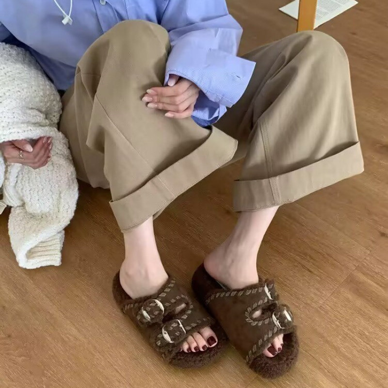 秋冬一字毛毛拖鞋女外穿厚底加绒保暖棉拖鞋棉拖拖鞋其他拖鞋休闲