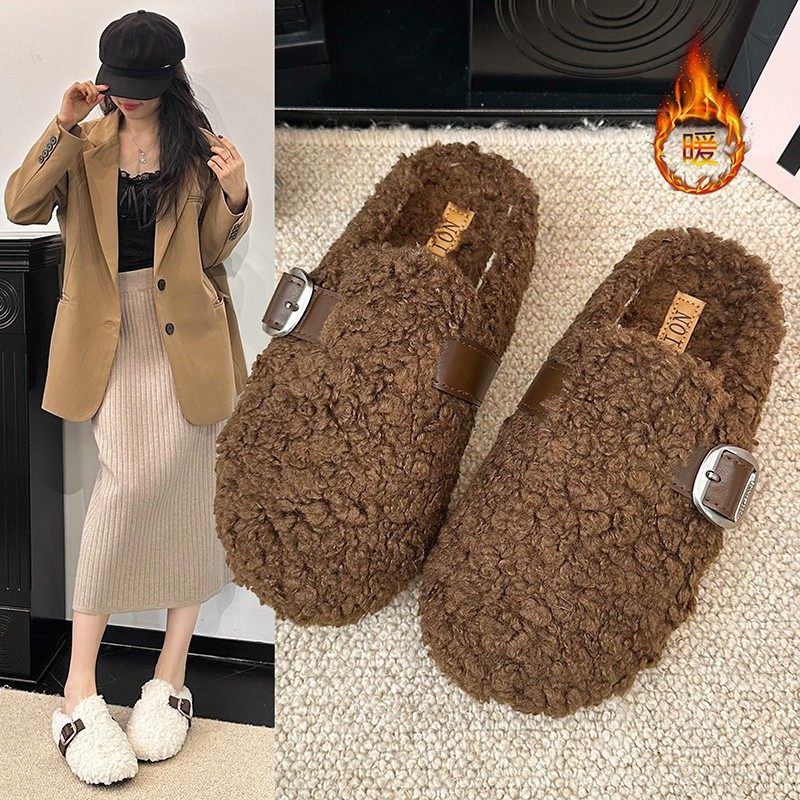 毛毛鞋女外穿加绒豆豆鞋秋季毛拖鞋女平底懒人鞋拖鞋其他拖鞋包