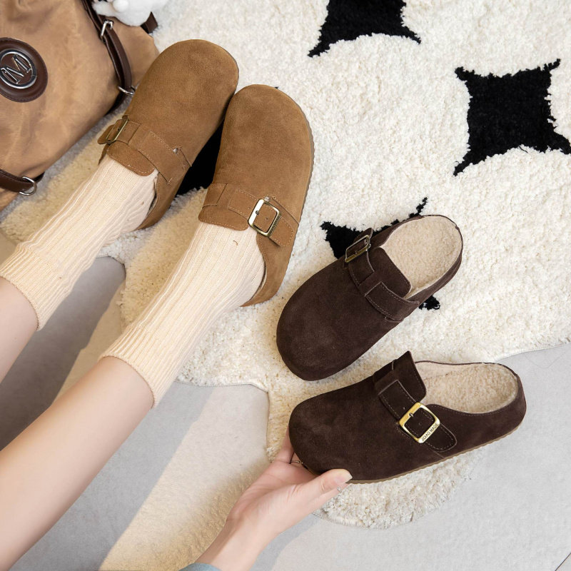 内增高加绒拖鞋女秋冬复古一脚蹬底棉棉拖包拖鞋棉拖鞋其他拖鞋