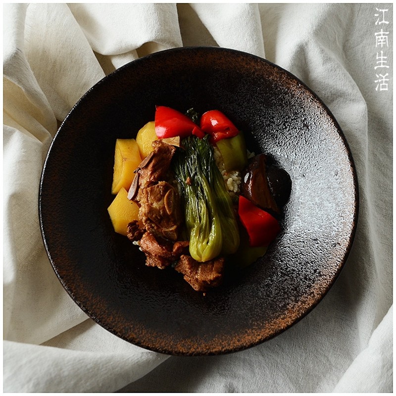 粗陶复古做旧餐具斗笠浅盆沙拉碗面碗汤碗拉面碗日式X西式料理汤