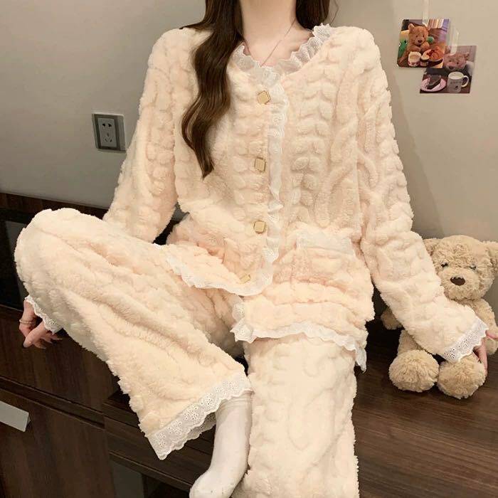 睡衣女款2025新款秋冬珊瑚绒加绒加厚高级感超舒服甜美长袖长裤