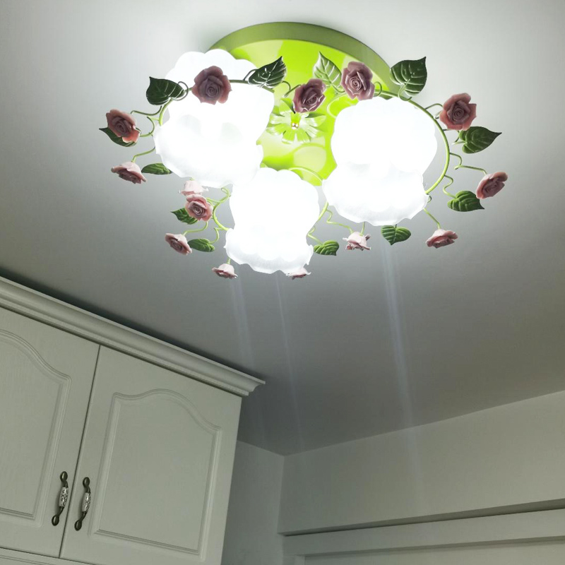 温馨儿童公主房卧室吸顶灯铁艺玫瑰女孩灯具浪漫田园花草客厅灯饰