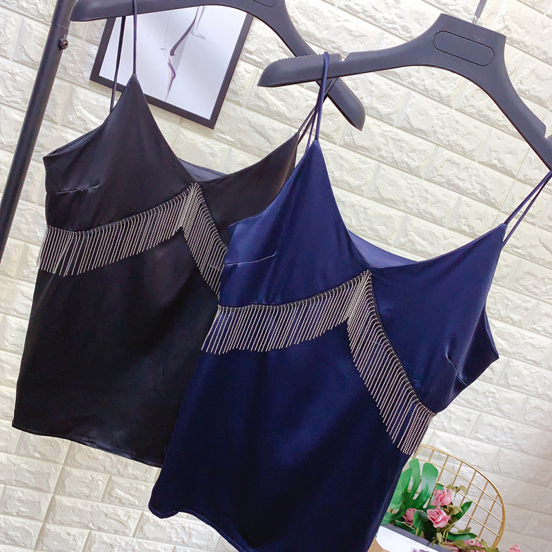 V领流苏链真丝小吊带背心女夏外穿宽松无袖雪纺打底西装内搭上衣