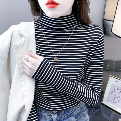 纯棉半高领黑白条纹打底衫女长袖T恤秋冬新款套头修身内搭上衣潮