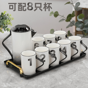 韩式 北欧陶瓷水具简约家用客厅8只数字水杯耐热O花茶壶冷水壶套装