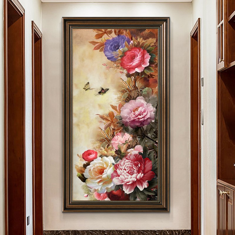 牡丹花开富贵美式入门玄关装饰画复古欧式墙壁画花卉W油画客厅挂图片