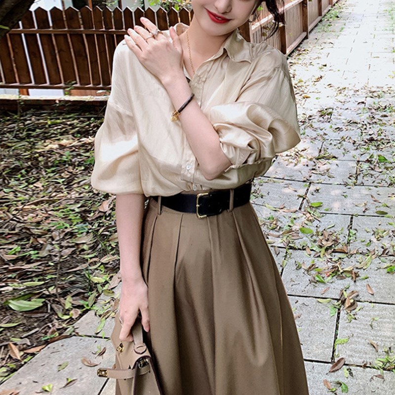 140-160小个子女装2022秋新款轻奢法式衬衫衬衣+半身裙百褶裙套装