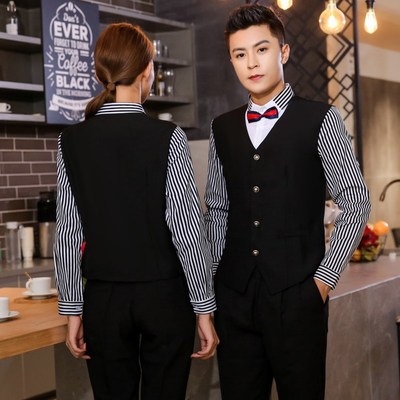 酒店工作服秋冬装长袖酒吧KTV咖啡西餐厅服务员假两件马甲衬衣女