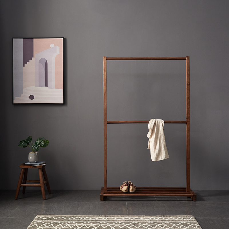 新中式轻奢实木衣帽架小户型落地置物架黑胡桃卧室精品家用挂衣架