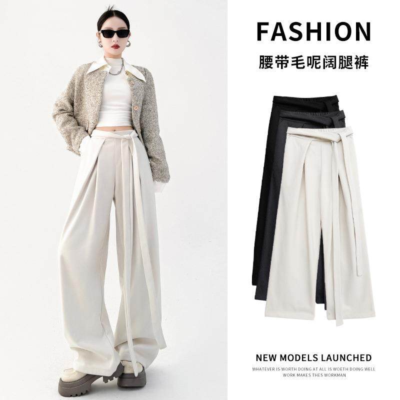 美式高街毛呢阔腿裤女秋冬新款设计感系带高腰垂感显瘦休闲拖地裤,女装/女士精品,休闲裤,淘宝优惠券,粉丝福利购,淘宝优惠卷