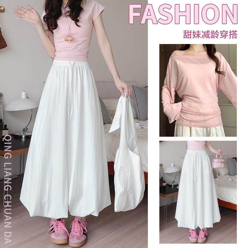 白色蓬蓬花苞裙女春秋2025新款显瘦高腰半身裙系带中长款a字伞裙,女装/女士精品,半身裙,淘宝优惠券,粉丝福利购,淘宝优惠卷