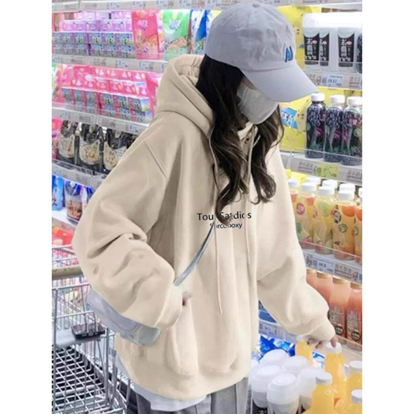 重磅纯棉美式杏色连帽卫衣女春秋款薄款洋气宽松小个子设计感外套