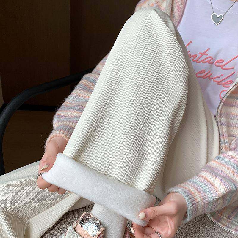 窄版竖条纹加绒阔腿裤女秋冬新款宽松显瘦高腰垂感直筒休闲裤,女装/女士精品,休闲裤,淘宝优惠券,粉丝福利购,淘宝优惠卷