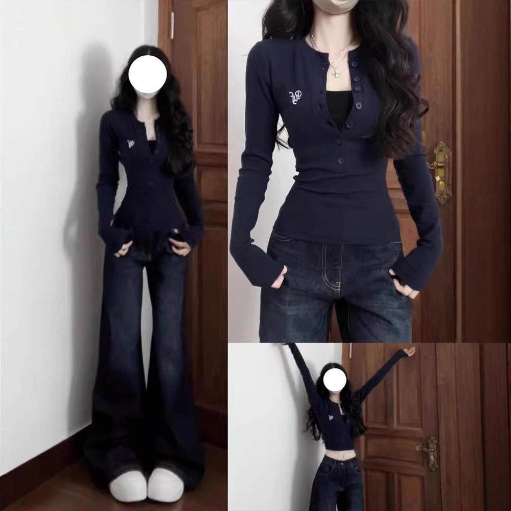 正肩纽扣长袖T恤女2025秋季内搭短款打底衫美式辣妹修身显瘦上衣,女装/女士精品,T恤,淘宝优惠券,粉丝福利购,淘宝优惠卷