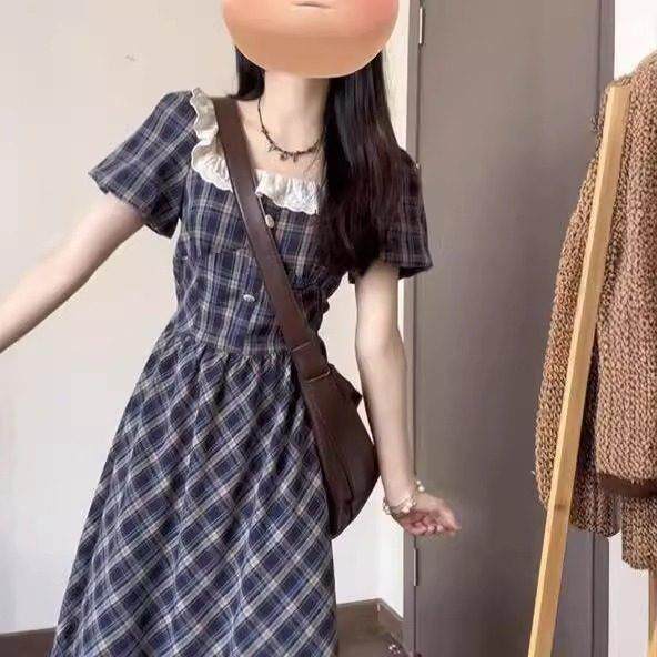 韩系甜美温柔风超仙蓝色格纹连衣裙女夏日高腰修身清新A字长裙子