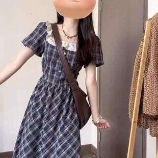 韩系甜美温柔风超仙蓝色格纹连衣裙女夏日高腰修身清新A字长裙子