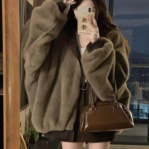 座山雕大码美式复古双面穿加绒连帽外套女冬季宽松保暖百搭上衣,女装/女士精品,毛呢外套,淘宝优惠券,粉丝福利购,淘宝优惠卷