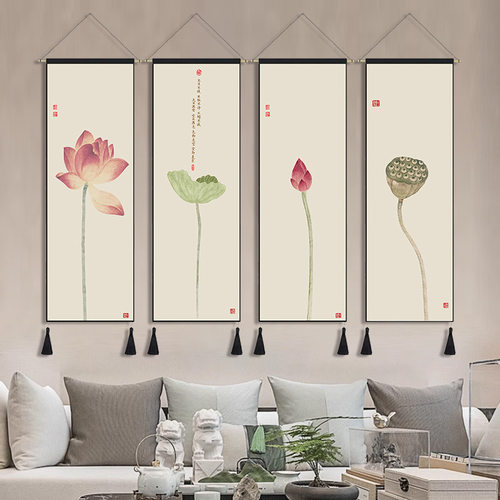 禅意新中式莲花茶室书房布艺挂画客厅卧室装饰挂画禅意莲花画挂布