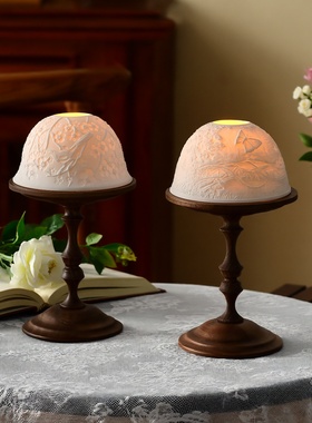 中古风胡桃木烛台带骨瓷通风罩蜡烛台装饰品烛光香薰蜡烛餐桌摆件