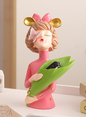 梦幻小屋创意卡通抱花女孩轻奢桌面手工装饰礼物卧室收纳家居摆设