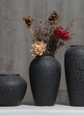 景德镇粗陶罐现代简约黑色百搭陶瓷花瓶插花花器家居酒店玄关