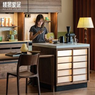 储物柜 家用实木中岛台餐桌一体黑胡桃木餐厅吧台单独岩板北欧日式