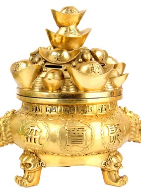 开盖三足元宝聚宝盆摆件铜元宝铜聚宝盆工艺品店铺摆设可开盖摆设
