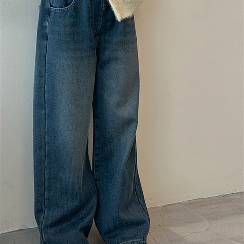 女童牛仔裤加绒加厚2023秋冬新款中大童宽松直筒一体绒阔腿长裤子