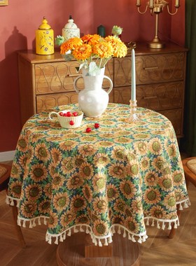 圆桌布美式黄色提花向日葵油画餐桌布古典雅家用防尘台布艺