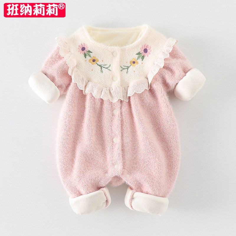 婴儿衣服秋冬女宝宝加绒连体衣可爱超萌保暖外套爬服满月百天深秋