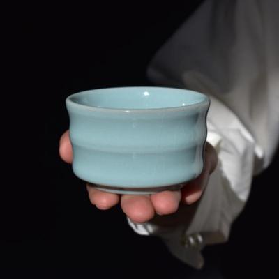 汝州汝瓷茶杯主人杯纯手工天青汝窑茶具竹节杯郭留江汝瓷手签款
